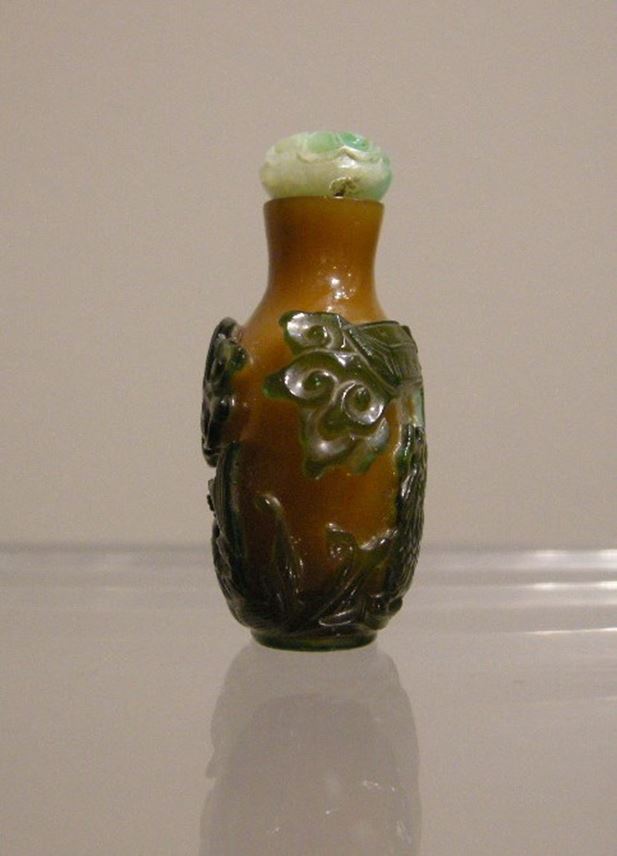 Small snuff bottle glass overlay green on brown caramel ground | MasterArt
